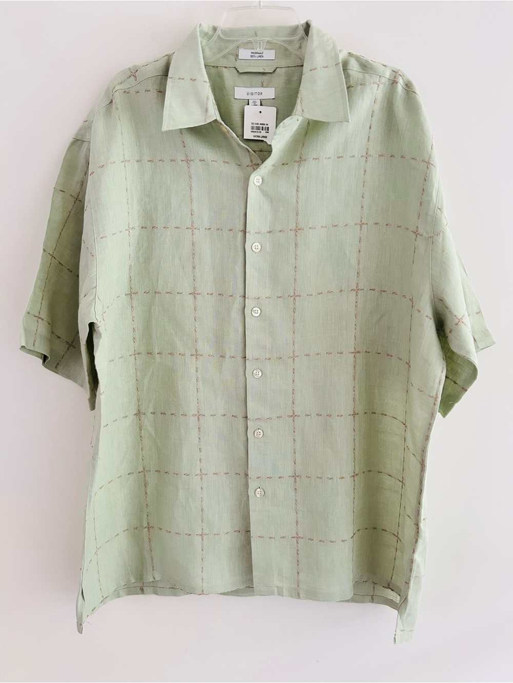 Visitor Bachrach | Linen Mens Size XL Green Button Front Shirt Embroidered Knit